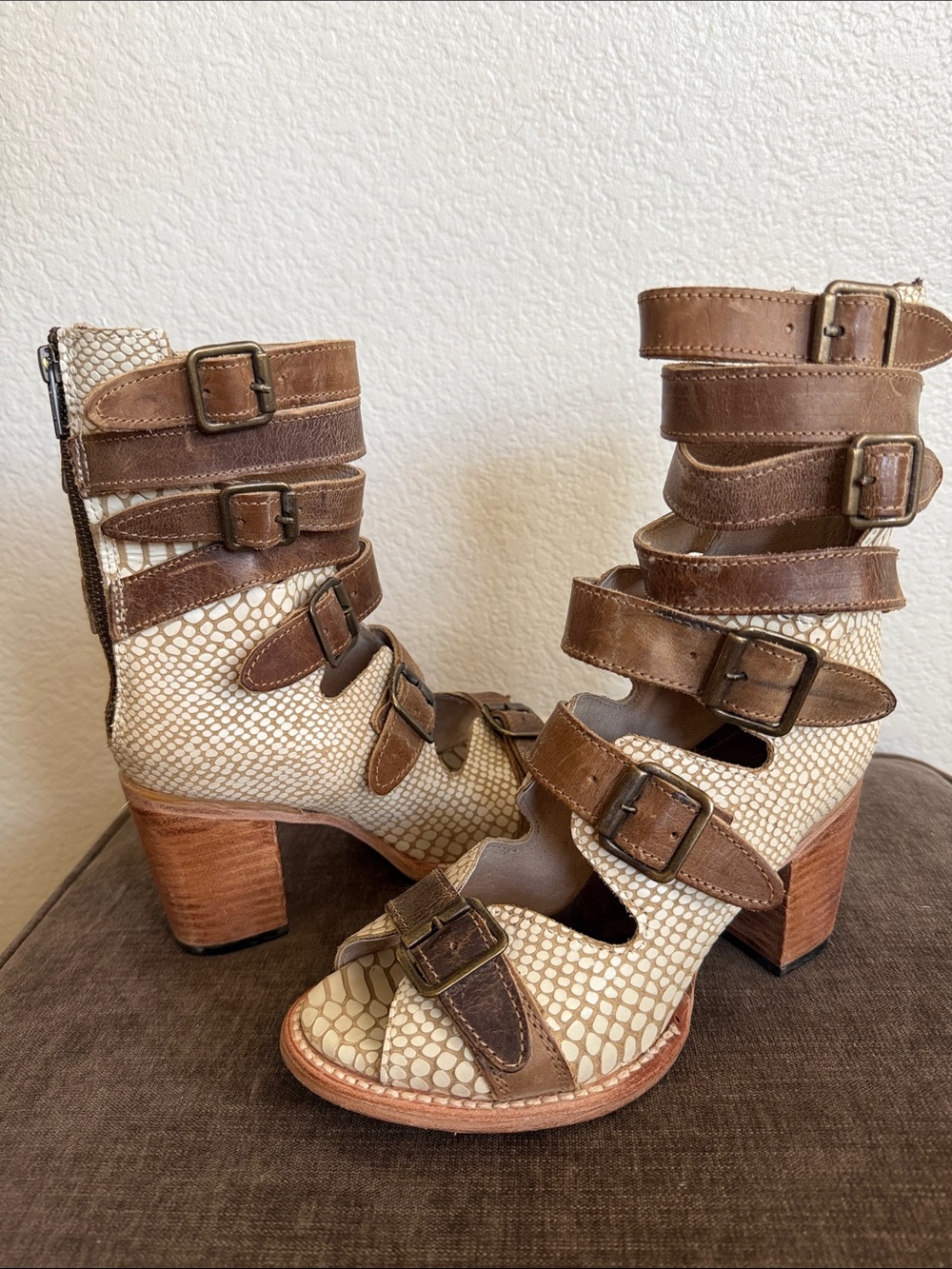 Freebird By Steven Bond JETT Croc embossed leather heeled buckle sandals